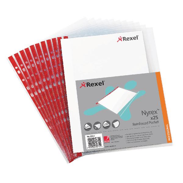 REXEL PUNCHED POCKET 12253 A4L NPR CLEAR RED STRIP 25 SHEETS PER PACKET