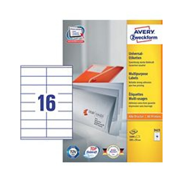  AVERY LABEL LASER ZWECKFORM A4 3423 WHITE,16 LABELS/SHEET, PACKT