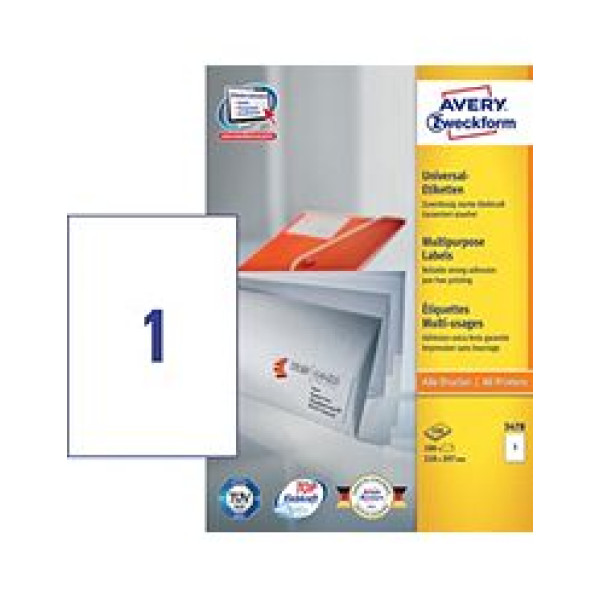 AVERY LABEL LASER ZWECKFORM A4 3478 WHITE,1 LABELS/SHEET,PACKT