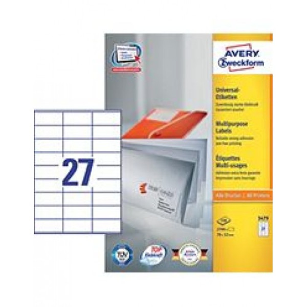  AVERY LABEL LASER ZWECKFORM A4 3479 WHITE, 27 LABELS/SHEET,PACKT