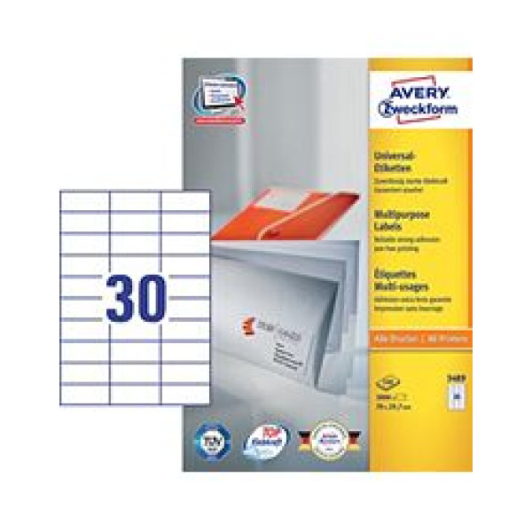  AVERY LABEL LASER ZWECKFORM A4 3489 WHITE ,30 LABELS/SHEET,PACKT