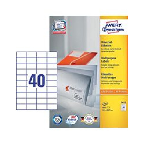  AVERY LABEL LASER ZWECKFORM  A4 3651 WHITE,40 LABELS/SHEET,PACKT