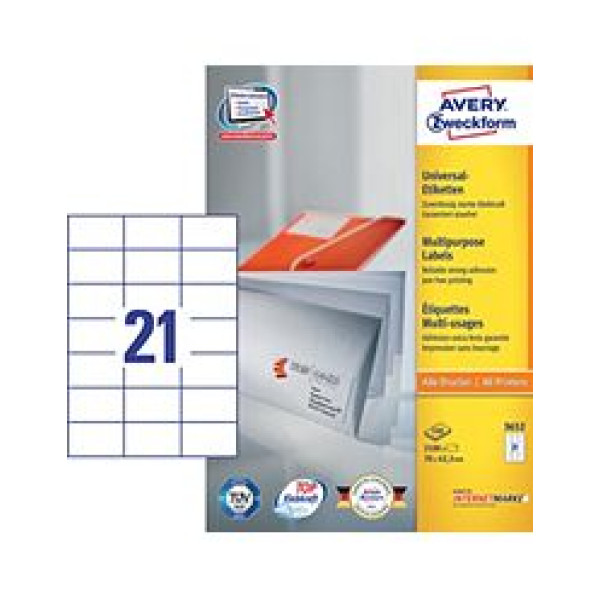  AVERY LABEL LASER ZWECKFORM 3652 WHITE A4 LABEL SIZE 70X42.3MM, 21 LABELS/SHEET, PACKT