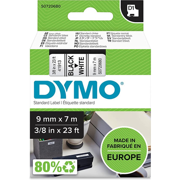 DYMO S0720680 STANDARD LABEL DY D1 9MM X 7M 3/8 in 23 FT BLK/WHT TAPE