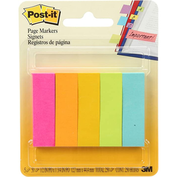  3M PAGE MARKERS NEON COLORS 670-5AN 0.6" x 2"- 5 PADS  100 SH EACH