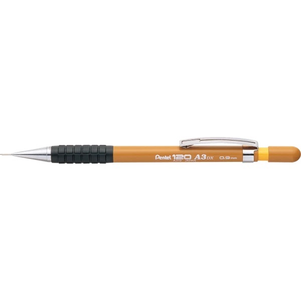 PENTEL MECHANICAL/DRAFTING PENCIL WITH RUBBER GRIP INTEGRAL ERASER YELLOW 120 A3DX 0.9MM TIP SIZE A319-Y 