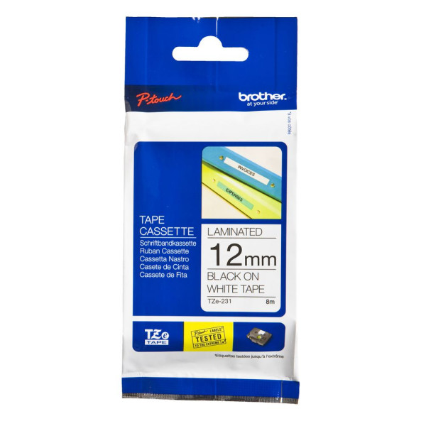 BROTHER TZ-231 TAPE 12MM BLACK ON WHITE LAMINATED