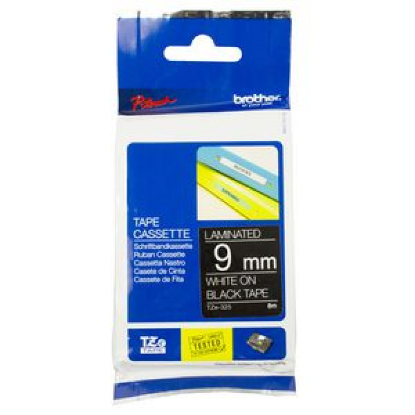 BROTHER TZ-325 TAPE 9MM WHITE ON BLACK LAMINATED