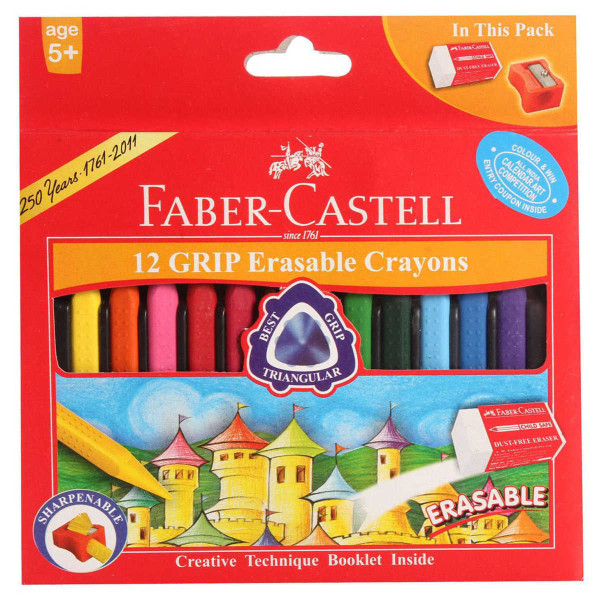 FABER CASTELL FCIN122912 GRIP ERASABLE CRAYONS 12 COLORS