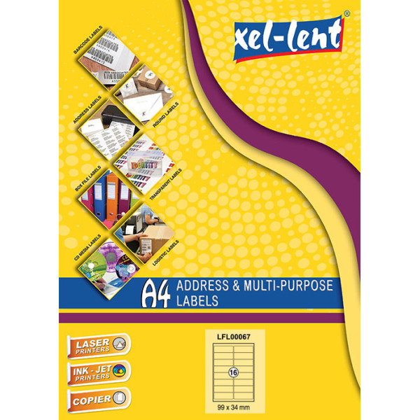  XEL-LENT LABEL LASER LFL00067 A4 99X34MM  16 LABEL/SHEET, PACKET OF 100 SHEET