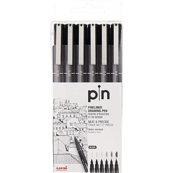 UNI PIN FINELINER DRAWING PEN WATER RESISTANT SET OF 6 SKETCHING PEN BLACK 0.3 to 0.8 MM