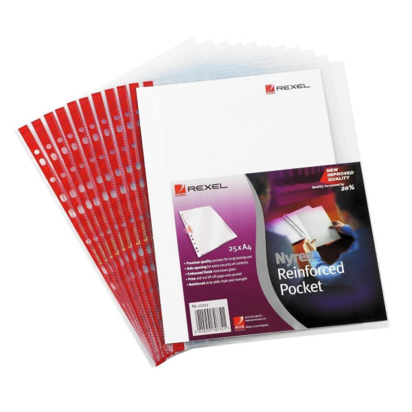 REXEL 12253 PUNCHED POCKET A4 NPR CLEAR RED STRIP 25 SHEETS PER PACKET