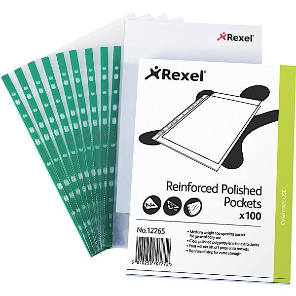 REXEL PUNCHED POCKET 12265 A4 CKP CLEAR GREEN STRIP 100 SHEETS PER PACKET