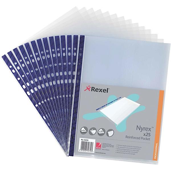 REXEL 12231 PUNCHED POCKET A4 NPR CLEAR BLUE STRIP 25 SHEETS PER PACKET