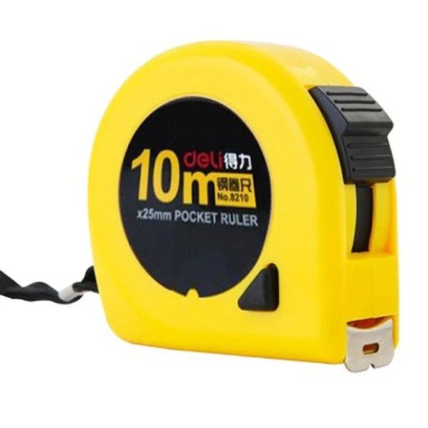 DELI 10MX25MM MEASURING TAPE POCKET PULL RULER 8210,BLACK/YELLOW