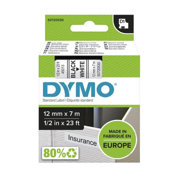 DYMO S0720530 STANDARD LABEL DY D1 12MM X 7M 1/2 In 23 FT BLK/WHT TAPE