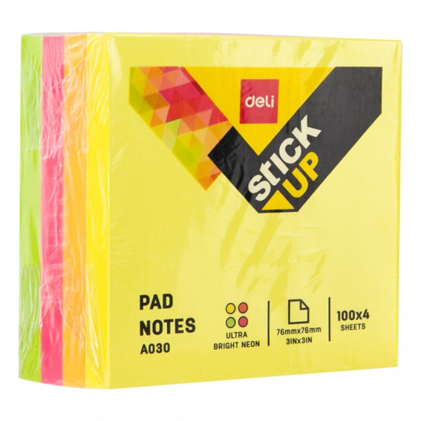 DELI STICKY NOTES A03003(76X76MM)3X3 FOUR COLOR NEON,100X4 SHEETS