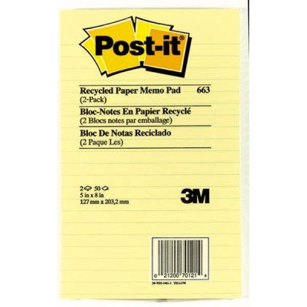 POST-IT 3M 663 (127X203MM) 5"X8" STICKY NOTE LINED YELLOW, PACKET OF 2PCS